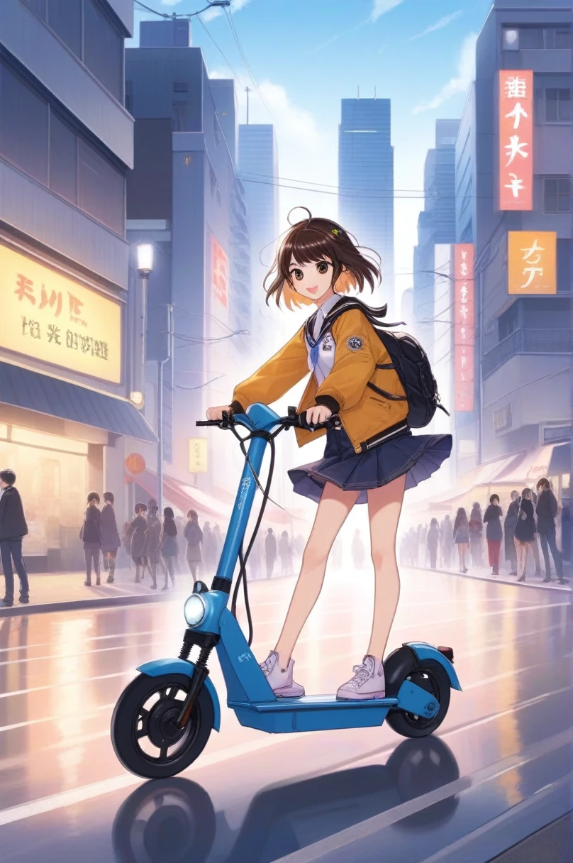 Anime artwork 2D, Denim pants,jeans,One Girl, Are standing, road, Riding an electric scooter around town . Anime Style, Key Visual, Studio Anime