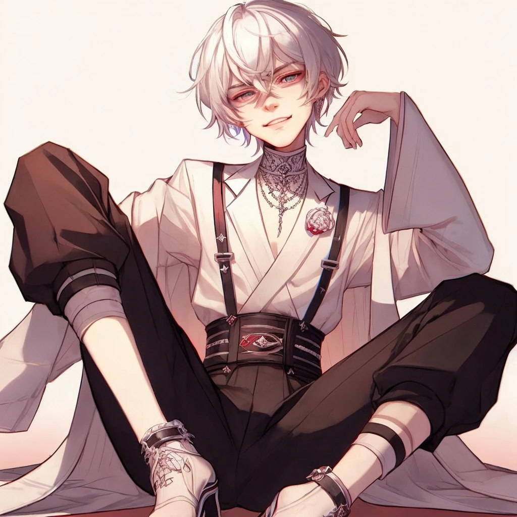 Male , 18 , white hair , blue eyes , cute , pretty , wearing black and red , gay , pretty boy , playful cute smirk , shirt crimson red