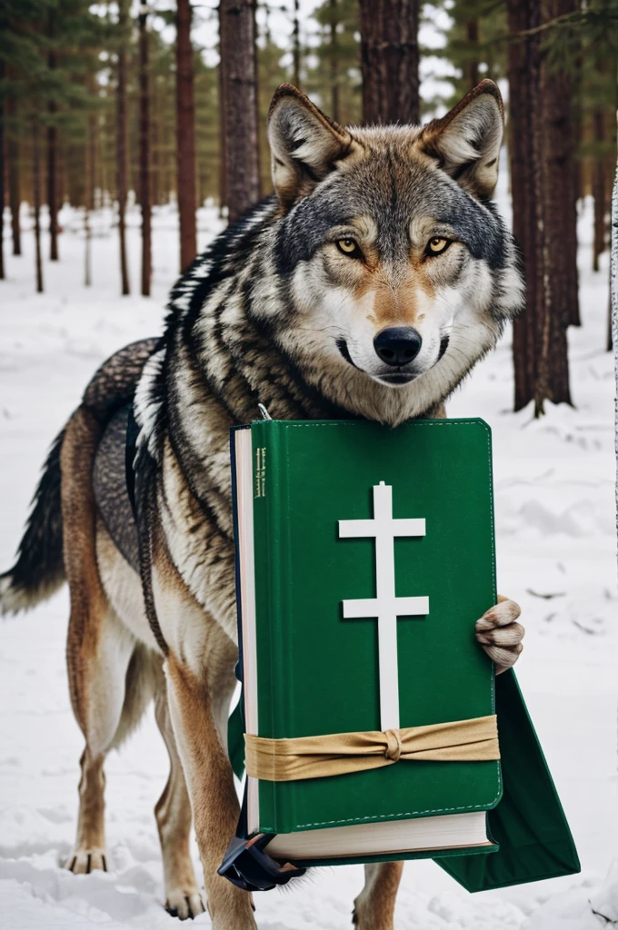 Give me a wolf whose name is a healthy evangelical vocative center and who carries something like a book and a cross and who is green and white, please.