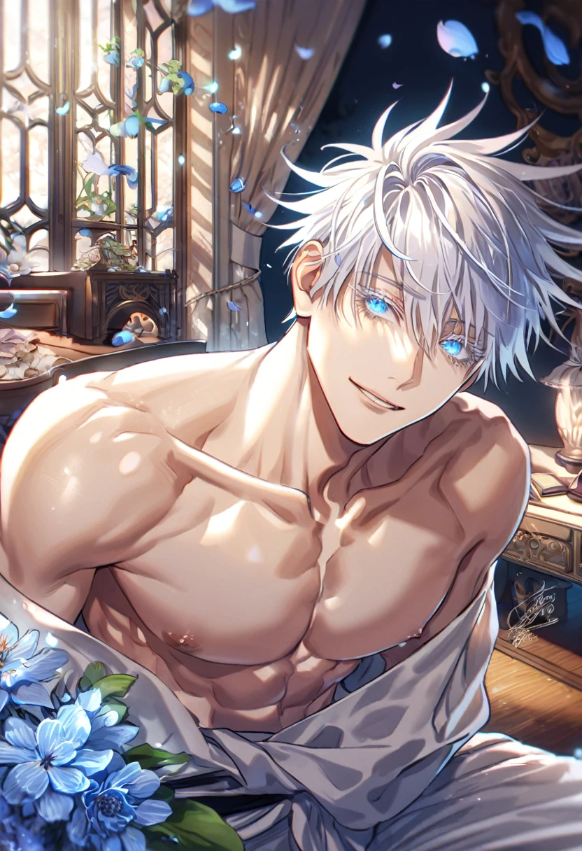 absurdres, highres, ultra detailed, HDR, master piece, Gojou Satoru, white hair with bangs, white eyelashes, expressive blue eyes, hair between the eyes, bare chest, toned chest, Jujutsu Kaisen, sexy man, room, handsome, best quality, flowers, fantasy, magical, solo, blue shining fireflies, blue petals, handsome smile, white baggy pants, sensual