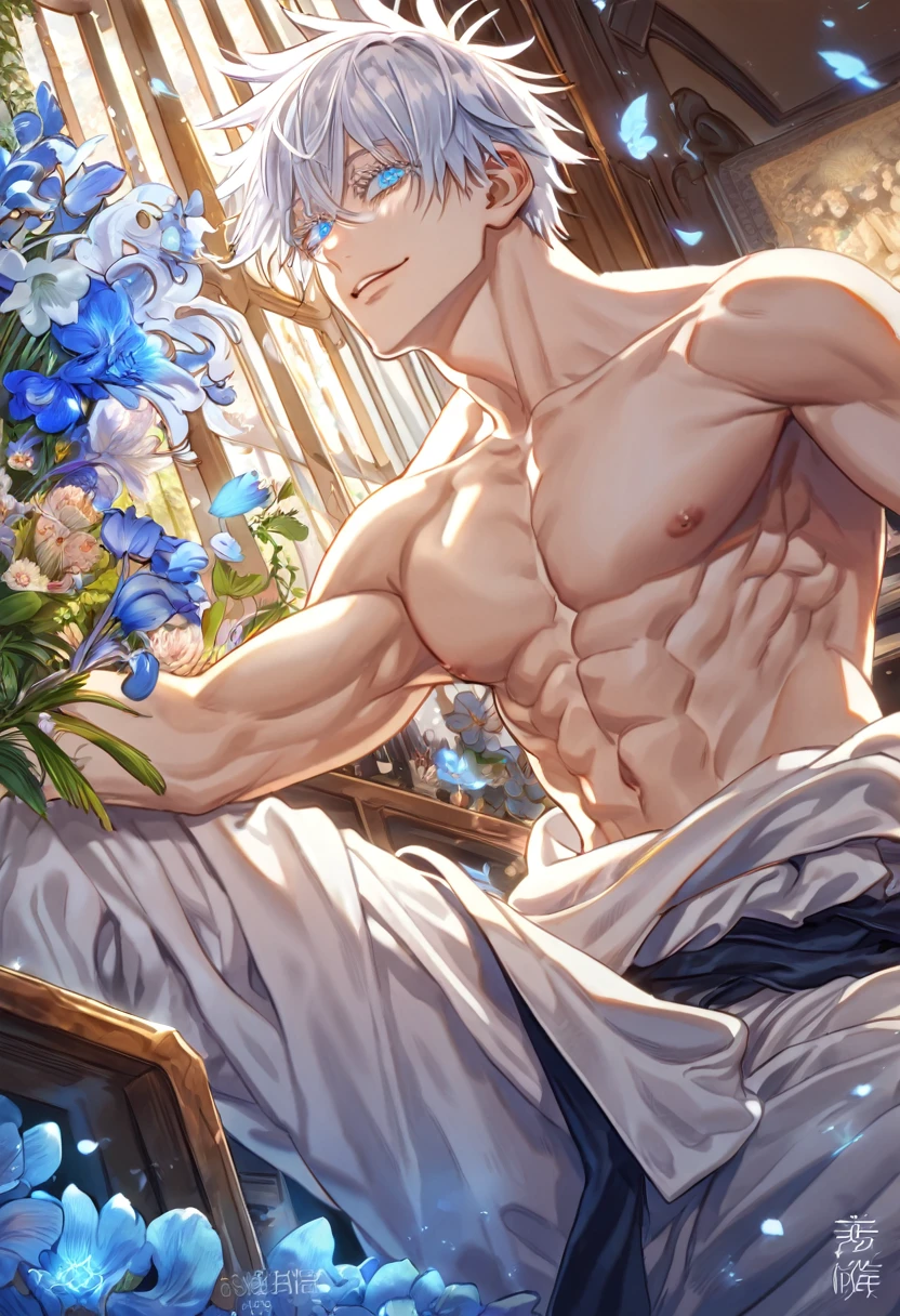 absurdres, highres, ultra detailed, HDR, master piece, Gojou Satoru, white hair with bangs, white eyelashes, expressive blue eyes, hair between the eyes, bare chest, toned chest, Jujutsu Kaisen, sexy man, room, handsome, best quality, flowers, fantasy, magical, solo, blue shining fireflies, blue petals, handsome smile, white baggy pants, sensual