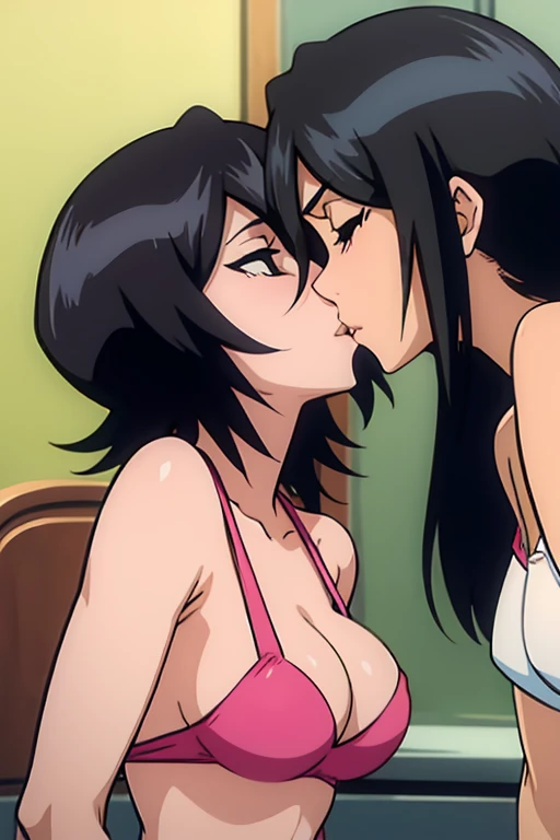 two lesbians share a kiss, tits

