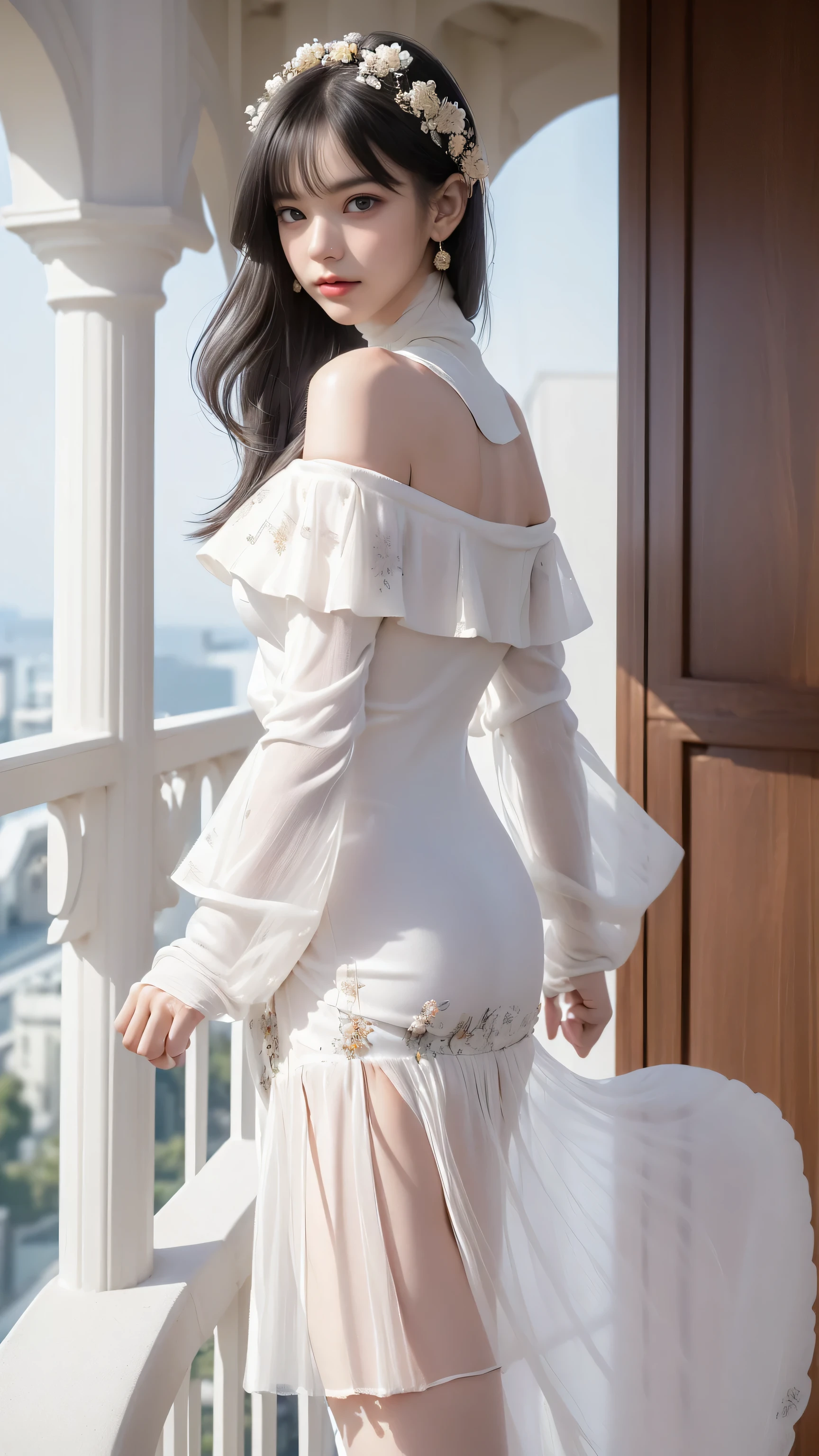 ((Woman Standing On Balcony Of Old Castle))、((Rear view))、((look back)),Highest quality works、actual work、Ultra Premium Graphics、8K HD CG Works、High quality graphics、High-definition CG works、10x pixels、Ultra-fine detail:1. 1、High technical level:1.1 PhotoGenuine、Natural light:1. 5、Light effects(Virtual Light effects:1.8)、((Straight Van、Princess Van))、((Very heavy、Volume Bang:1.1)、((very long、Very heavy、Very voluminous side locks:1. 1)、hime cut、Straight bangs、Bangs straight、(masterpiece、Highest quality:1.5)、(ultra detailed 8k cg:1.4)、(超Realistic:1.25)、(Genuine:1.1. 4)、((Golden white hair))、Thin eyebrows、High nose、Nice red lips、Rosy Cheeks、Delicate makeup face、Cute Face、Perfectly balanced face、()、Light-colored foundations enhance the clarity of your skin..。 ((An off-the-shoulder semi-transparent white floral dressy skirt fluttering in the wind))、 ((You can see her white panties)), 40k、photograph、、Highest quality、(1. Beautiful Eyes、Light Hair、White skin、Mr.. Escape.々tracing、((Mid-chest、:1.1))、Highest quality、Tabletop、Ultra-high resolution、(Genuine:1.4)、RAWphotograph、(Perfect figure)、(slim、:1.3)。 3)、Slim abdomen、that&#39;s all(Girl standing on the balcony of an old castle),((Bust up photograph)),((masterpiece:1.5、8k、Portraiture、Photorealistic and very detailed CG、Very detailed、Particle Effects、Dynamic Effects、Written boundary depth、Cinematic Light、Lens flare、Ray Tracing、Tabletop、Realistic:1.4、Ultra-high resolution:1.2、Realistic、Realistic,((alone）、(A woman wearing a semi-transparent white turtleneck dress:1.4)、モデル風のtracing:、Side bust、(Medium sized breasts)、Detailed face、Bright expression、young, Brighter, Whiter skin、Best Looks、Ultimate beauty、White hair with shiny highlights:1.8、bright and shiny hair,、Super long, Silky straight hair、Hair swaying in the wind))(Wonderful transparent flower々Surrounded by、White Background、Great background、Thin petals fluttering down)、(The Milky Way is visible in the background)