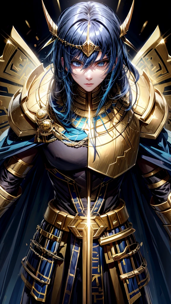 Egyptian warrior with black and gold armor with blue details and blue cape