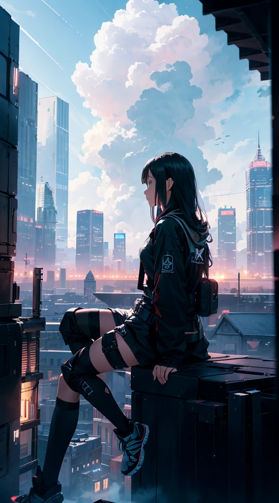 Octane, null, star (null), scenery, starry null, night, One girl, night null, alone, Outdoor, building, cloud, milky way, Sitting, wood, Long Hair, city, cityscape, Highest quality, 8k
