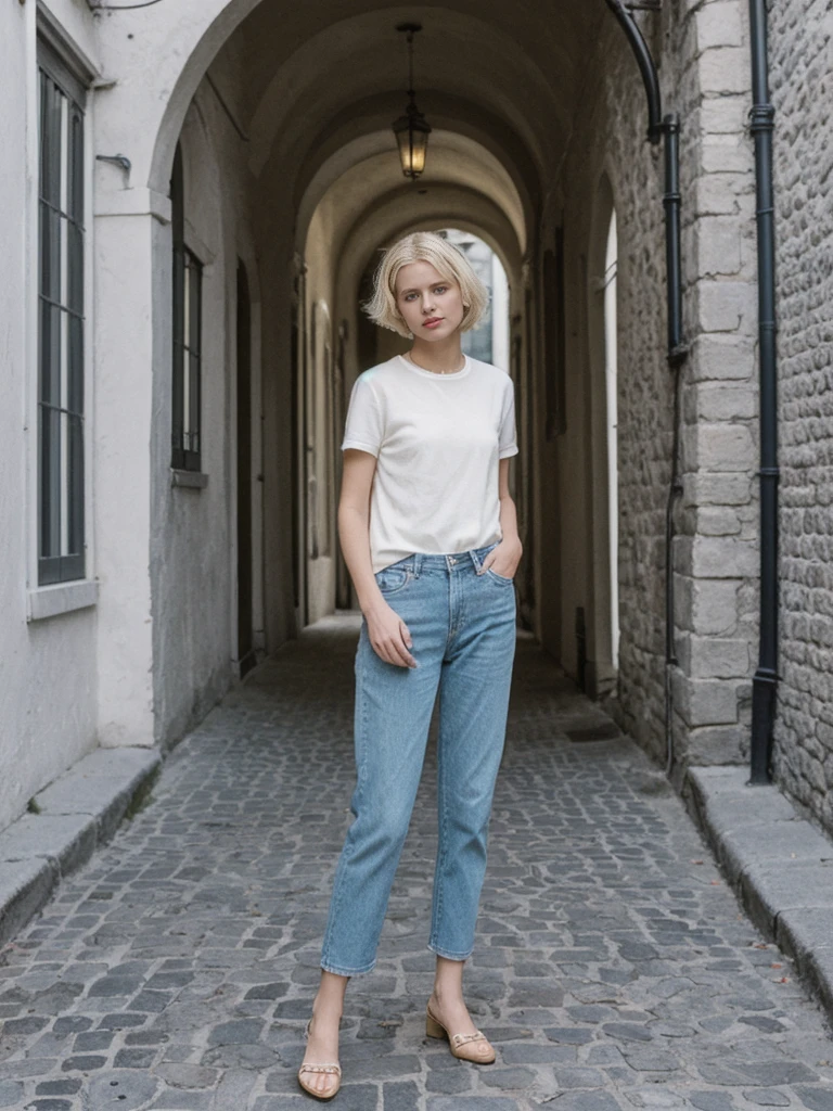 her name is Amelie, high quality, 1girl, ((25-year-old fit Caucasian woman)), ((25 years old)), ((SLIM)), ((short blonde hair)), pose: standing, wearing fashionable Generation-Z modern wear different colored, BACKGROUND: "Wandering through the historic Old Quebec, with its cobblestone streets and charming European architecture."