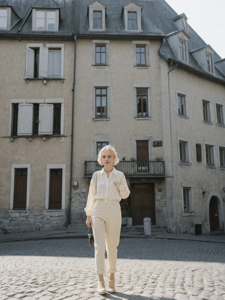 her name is Amelie, high quality, 1girl, ((25-year-old fit Caucasian woman)), ((25 years old)), ((SLIM)), ((short blonde hair)), pose: standing, wearing fashionable Generation-Z modern wear different colored, BACKGROUND: "Wandering through the historic Old Quebec, with its cobblestone streets and charming European architecture."