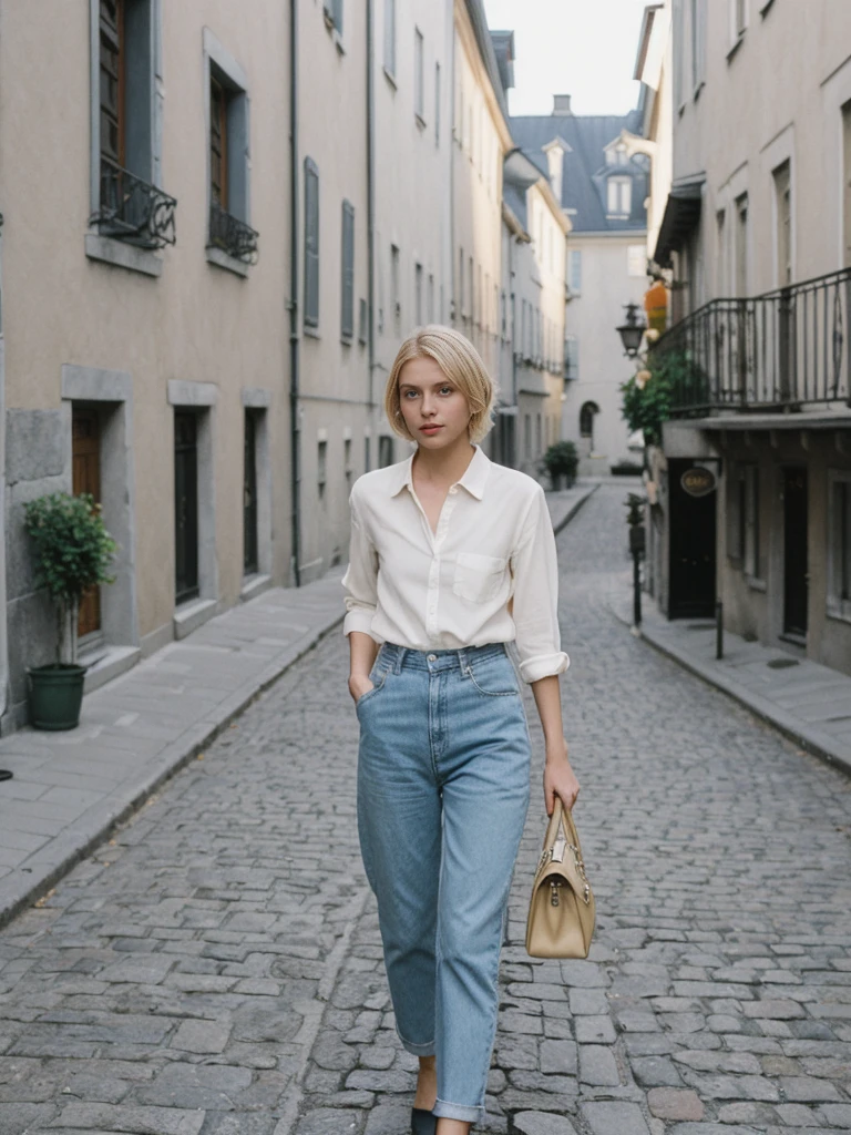 her name is Amelie, high quality, 1girl, ((25-year-old fit Caucasian woman)), ((25 years old)), ((SLIM)), ((short blonde hair)), pose: standing, wearing fashionable Generation-Z modern wear different colored, BACKGROUND: "Wandering through the historic Old Quebec, with its cobblestone streets and charming European architecture."