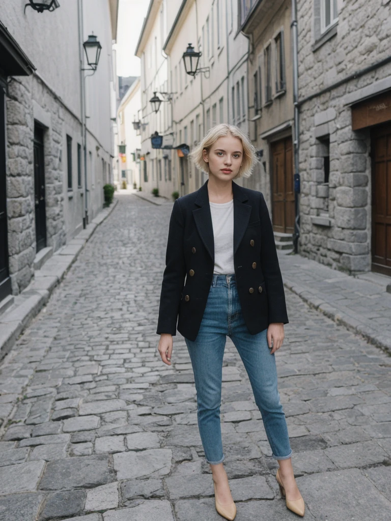 her name is Amelie, high quality, 1girl, ((25-year-old fit Caucasian woman)), ((25 years old)), ((SLIM)), ((short blonde hair)), pose: standing, wearing fashionable Generation-Z modern wear different colored, BACKGROUND: "Wandering through the historic Old Quebec, with its cobblestone streets and charming European architecture."