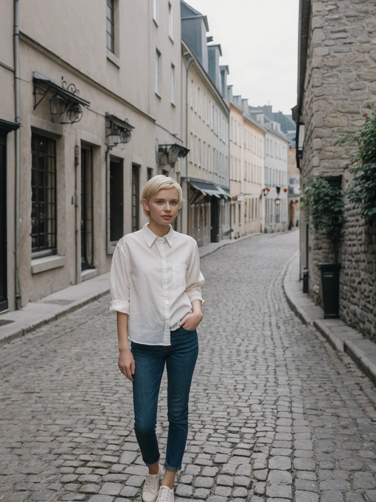 her name is Amelie, high quality, 1girl, ((25-year-old fit Caucasian woman)), ((25 years old)), ((SLIM)), ((short blonde hair)), pose: standing, wearing fashionable Generation-Z modern wear different colored, BACKGROUND: "Wandering through the historic Old Quebec, with its cobblestone streets and charming European architecture."