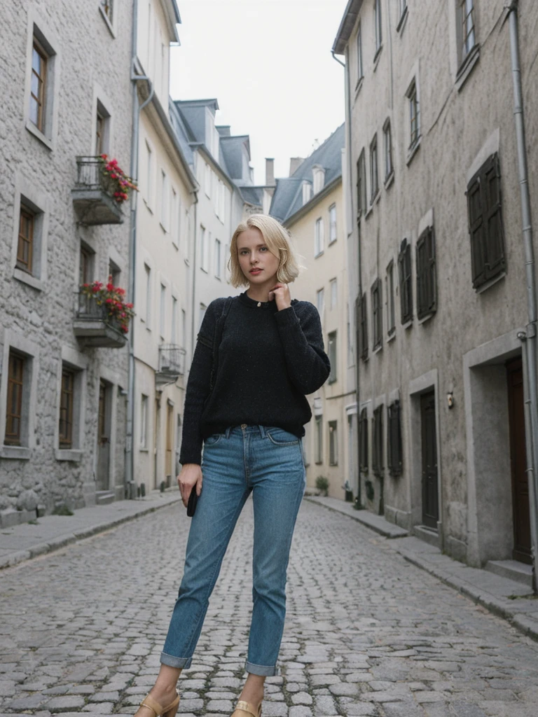 her name is Amelie, high quality, 1girl, ((25-year-old fit Caucasian woman)), ((25 years old)), ((SLIM)), ((short blonde hair)), pose: standing, wearing fashionable Generation-Z modern wear different colored, BACKGROUND: "Wandering through the historic Old Quebec, with its cobblestone streets and charming European architecture."