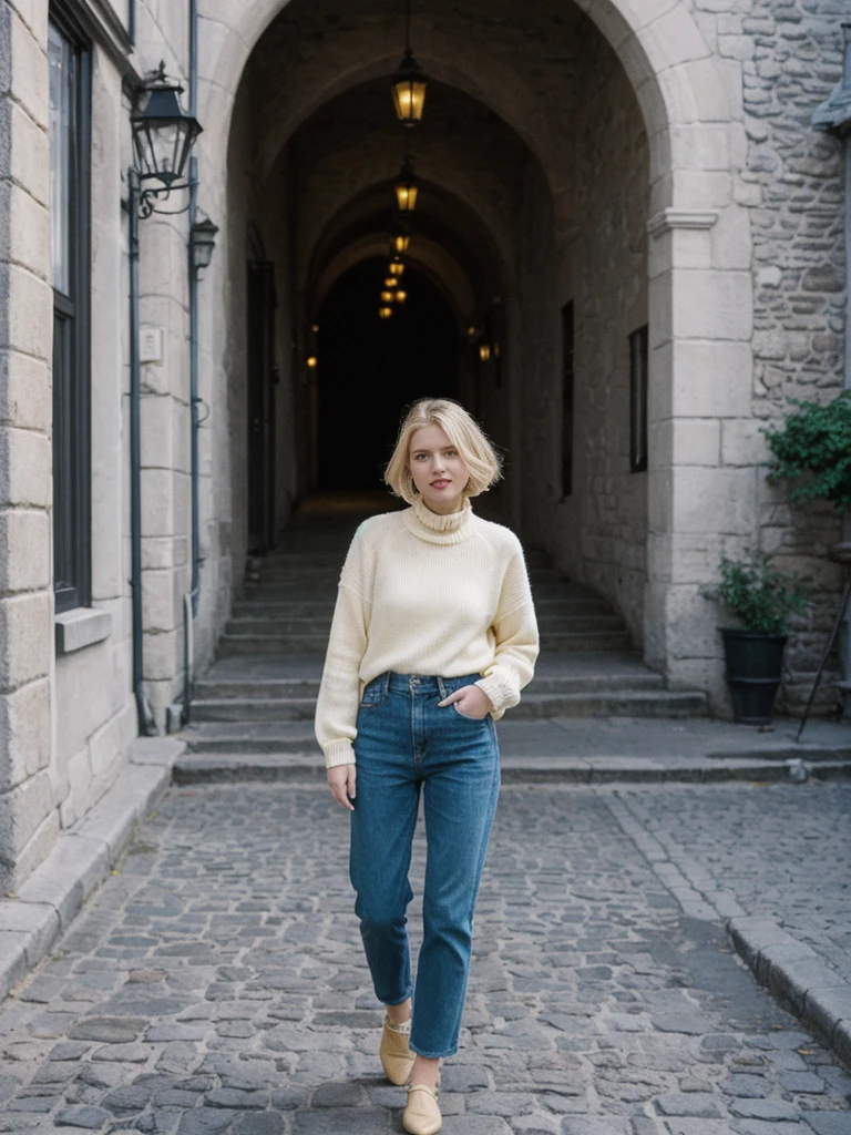 her name is Amelie, high quality, 1girl, ((25-year-old fit Caucasian woman)), ((25 years old)), ((SLIM)), ((short blonde hair)), pose: standing, wearing fashionable Generation-Z modern wear different colored, BACKGROUND: "Wandering through the historic Old Quebec, with its cobblestone streets and charming European architecture."