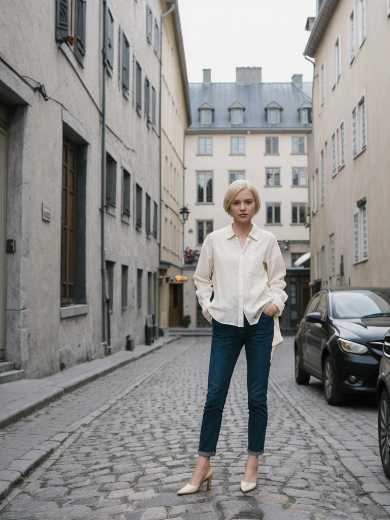 her name is Amelie, high quality, 1girl, ((25-year-old fit Caucasian woman)), ((25 years old)), ((SLIM)), ((short blonde hair)), pose: standing, wearing fashionable Generation-Z modern wear different colored, BACKGROUND: "Wandering through the historic Old Quebec, with its cobblestone streets and charming European architecture."