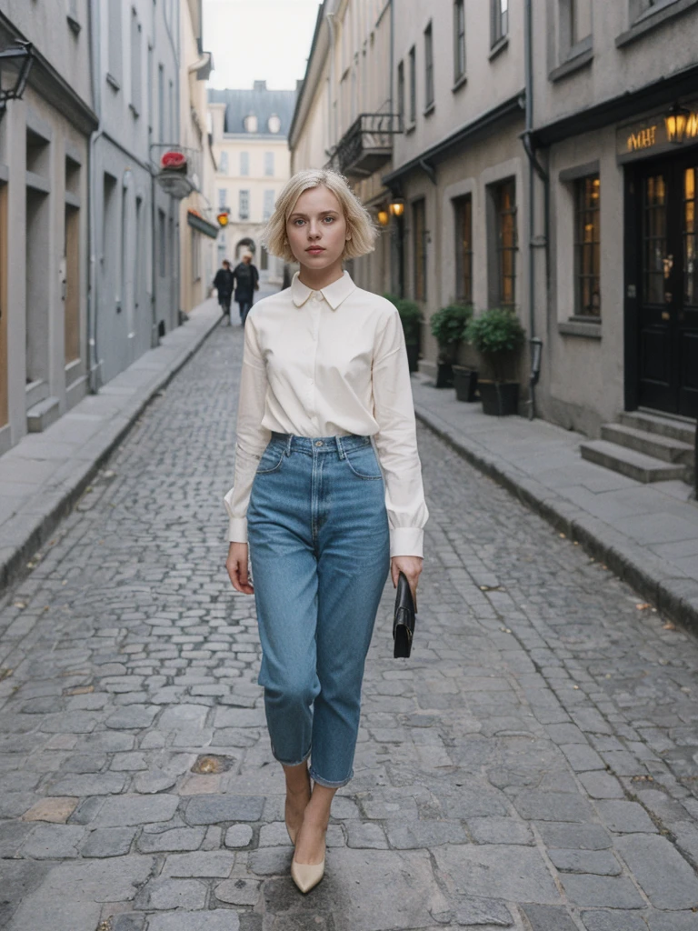 her name is Amelie, high quality, 1girl, ((25-year-old fit Caucasian woman)), ((25 years old)), ((SLIM)), ((short blonde hair)), pose: standing, wearing fashionable Generation-Z modern wear different colored, BACKGROUND: "Wandering through the historic Old Quebec, with its cobblestone streets and charming European architecture."