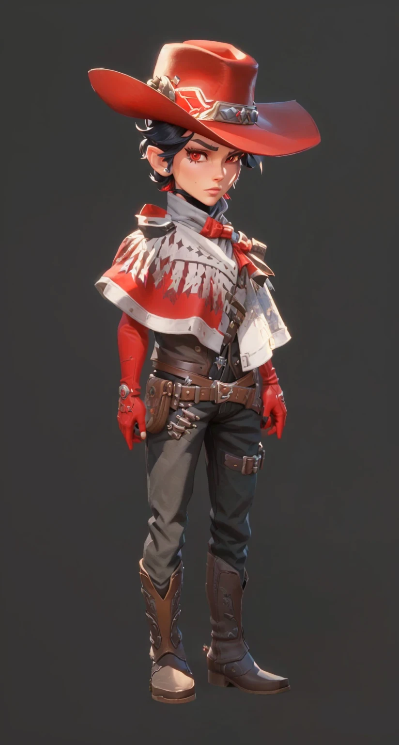 Cowboy wearing hat and mittens and red gloves, Stylized characters design, very Stylized characters design, very detailed character, Stylized characters, Super detailed fantasy characters, game character, game character design, Full body portrait, videogame character, Unrealistic character concept, video game character concept, 3D rendering style, Male Characters, Full body portrait