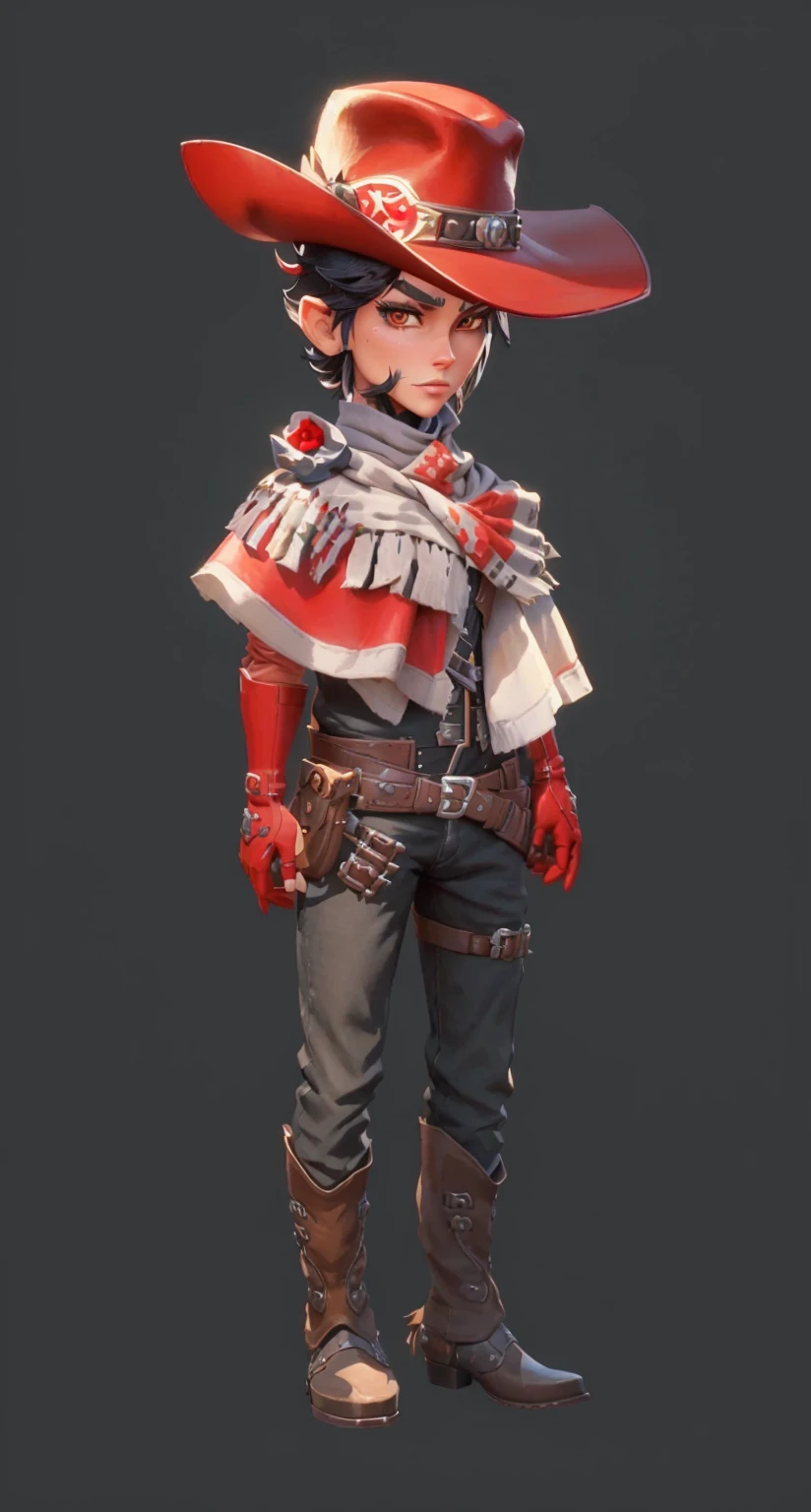 Cowboy wearing hat and mittens and red gloves, Stylized characters design, very Stylized characters design, very detailed character, Stylized characters, Super detailed fantasy characters, game character, game character design, Full body portrait, videogame character, Unrealistic character concept, video game character concept, 3D rendering style, Male Characters, Full body portrait