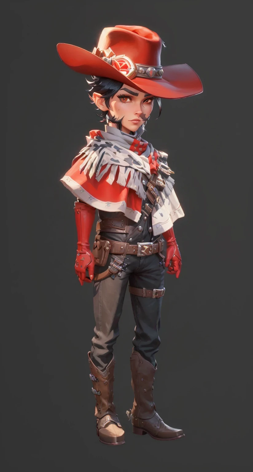 Cowboy wearing hat and mittens and red gloves, Stylized characters design, very Stylized characters design, very detailed character, Stylized characters, Super detailed fantasy characters, game character, game character design, Full body portrait, videogame character, Unrealistic character concept, video game character concept, 3D rendering style, Male Characters, Full body portrait