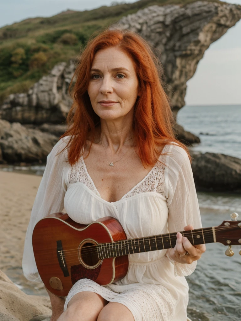 RAW PHOTO, her name is Sophia, high quality, 1 old woman, (((40-year-old hourglass body irish woman))), (((40 years old))), (guitar shaped body), (((wrinkled body))), (((old body))), milf, ((aged body)), (((red hair))), (pale skin), she is wearing a sexy crochet dress, sitting, BREAK, BACKGROUND: outdoor, beach, instagram photo, film grain