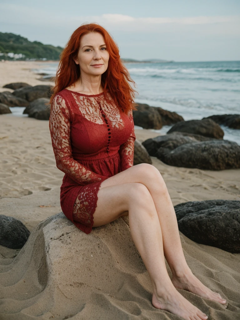 RAW PHOTO, her name is Sophia, high quality, 1 old woman, (((40-year-old hourglass body irish woman))), (((40 years old))), (guitar shaped body), (((wrinkled body))), (((old body))), milf, ((aged body)), (((red hair))), (pale skin), she is wearing a sexy crochet dress, sitting, BREAK, BACKGROUND: outdoor, beach, instagram photo, film grain