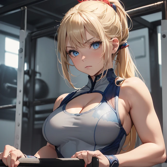 (Absurdres, master piece, best high quality image, very detailed features, very detailed textures, carefuly detailed artwork, solo character, back view)
{({1character: 40 years old beautiful blonde woman, (fair skin, blue eyes, blonde golden long hair tied in a high ponytail with a long crimson ribbon, voluptuous figure, big breasts, beautiful legs, beautiful arms, serious calm expression, defensive wrestler pose) (light-grey one-piece wrestling leotard, blue wrestling boots, cleavage), (gym wrestling ring))}}