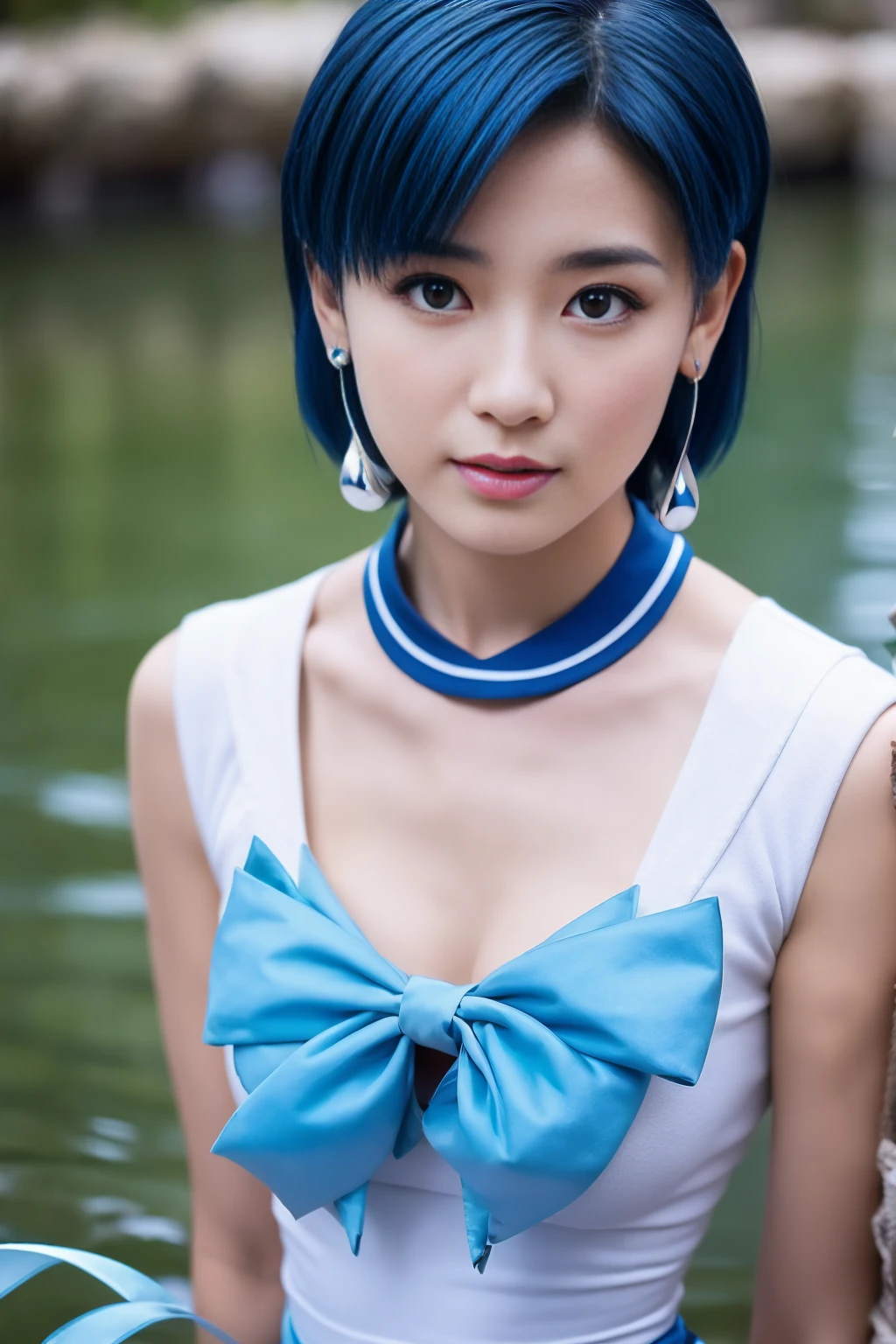 Full Body Shot,Ami Mizuno, (sailor mercury, neck ribbon, blue hair, short hair, circlet, jewelry, crescent earrings),Sailor Mercury. beautiful, whole body,water star,looking at the camera