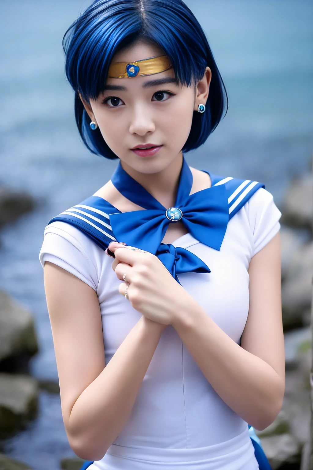 Full Body Shot,Ami Mizuno, (sailor mercury, neck ribbon, blue hair, short hair, circlet, jewelry, crescent earrings),Sailor Mercury. beautiful, whole body,water star,looking at the camera