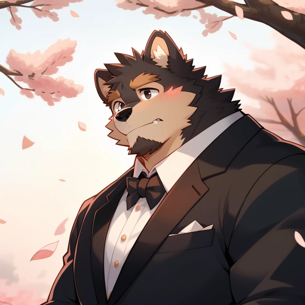 Scribble 德国牧羊dog face,cry,Humanity(dog),(Formal wear:1.3),Muscular,(Brown eyebrows:1.1),(Close one eye:1.2),(Perfect black eyes),Cherry blossoms,Black fur。(artist:Takemoto Arashi)