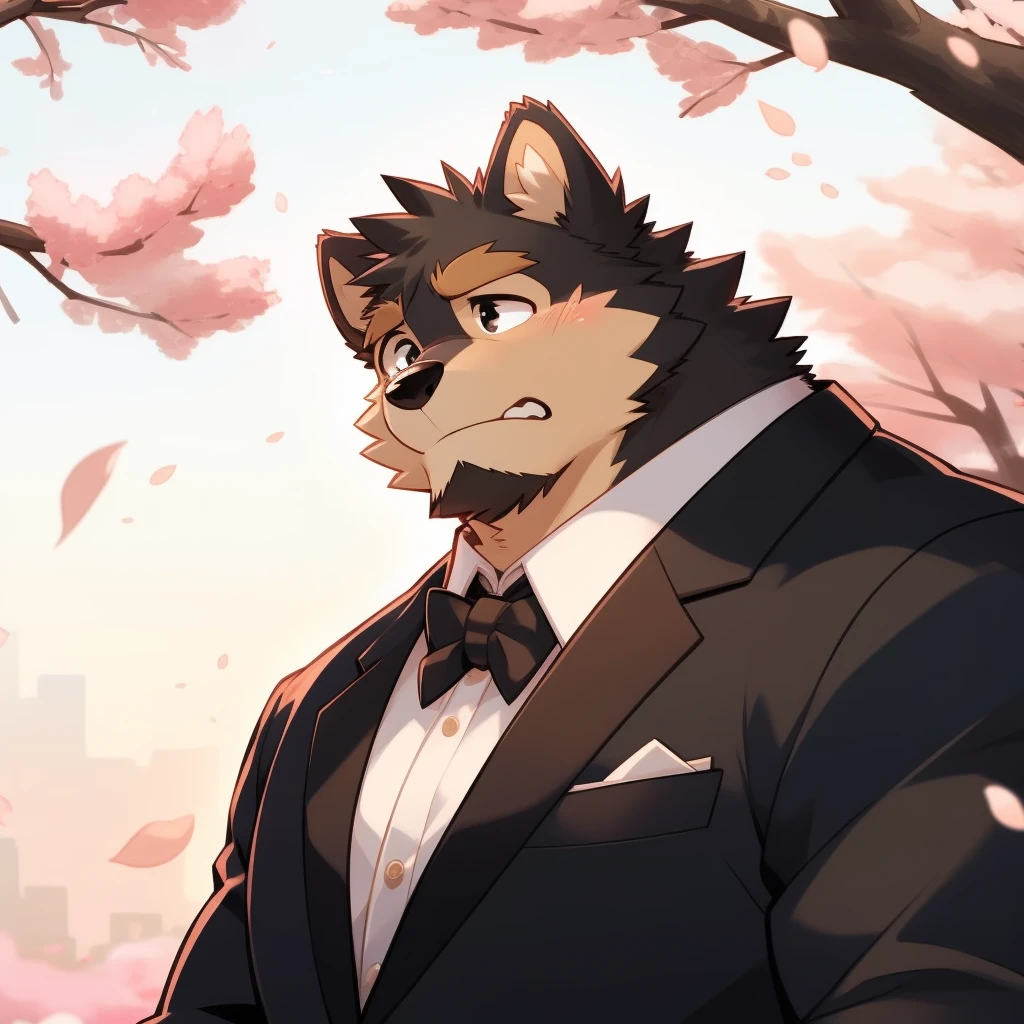 Scribble 德国牧羊dog face,cry,Humanity(dog),(Formal wear:1.3),Muscular,(Brown eyebrows:1.1),（Close one eye:1.2）,(Perfect black eyes),Cherry blossoms,Black fur。（artist:Takemoto Arashi）