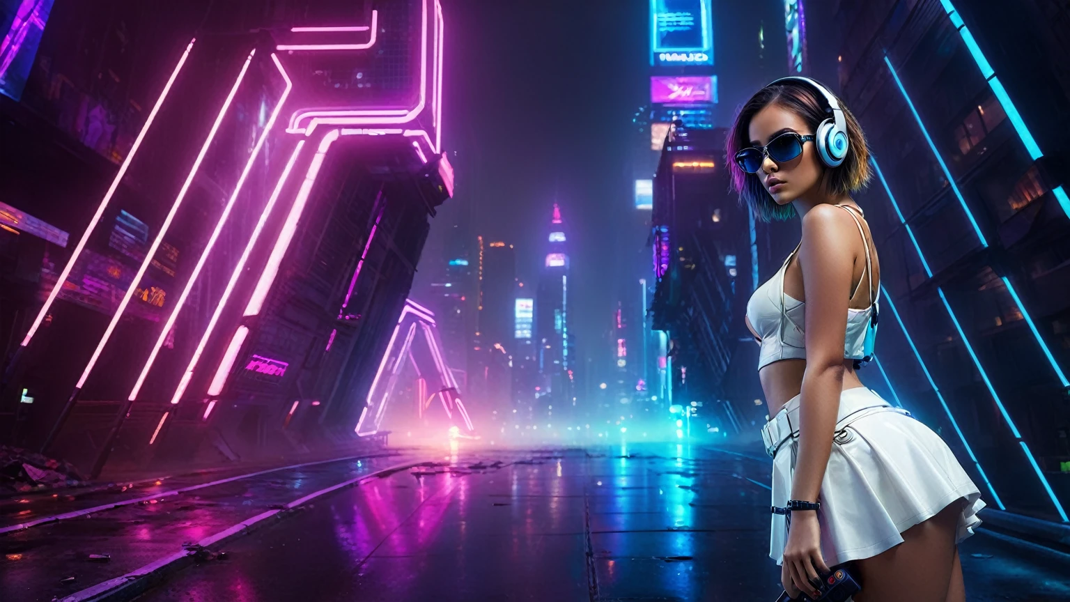 dark futuristic landscape, at night, neon lights, Atmospheric fog, large buildings in the background, futuristic city, streets with open shops, skyscraper (postapocalyptic city:1.3). (((1girl, solo, alone))), large-breast:1.2 slim body, cleavage:1.1, sexy miniskirt, (((headphone, black sunglasses, standing and holding pistol pose))), (((half-body thigh level medium shot))), cinematic lighting, lens flare, ray tracing.