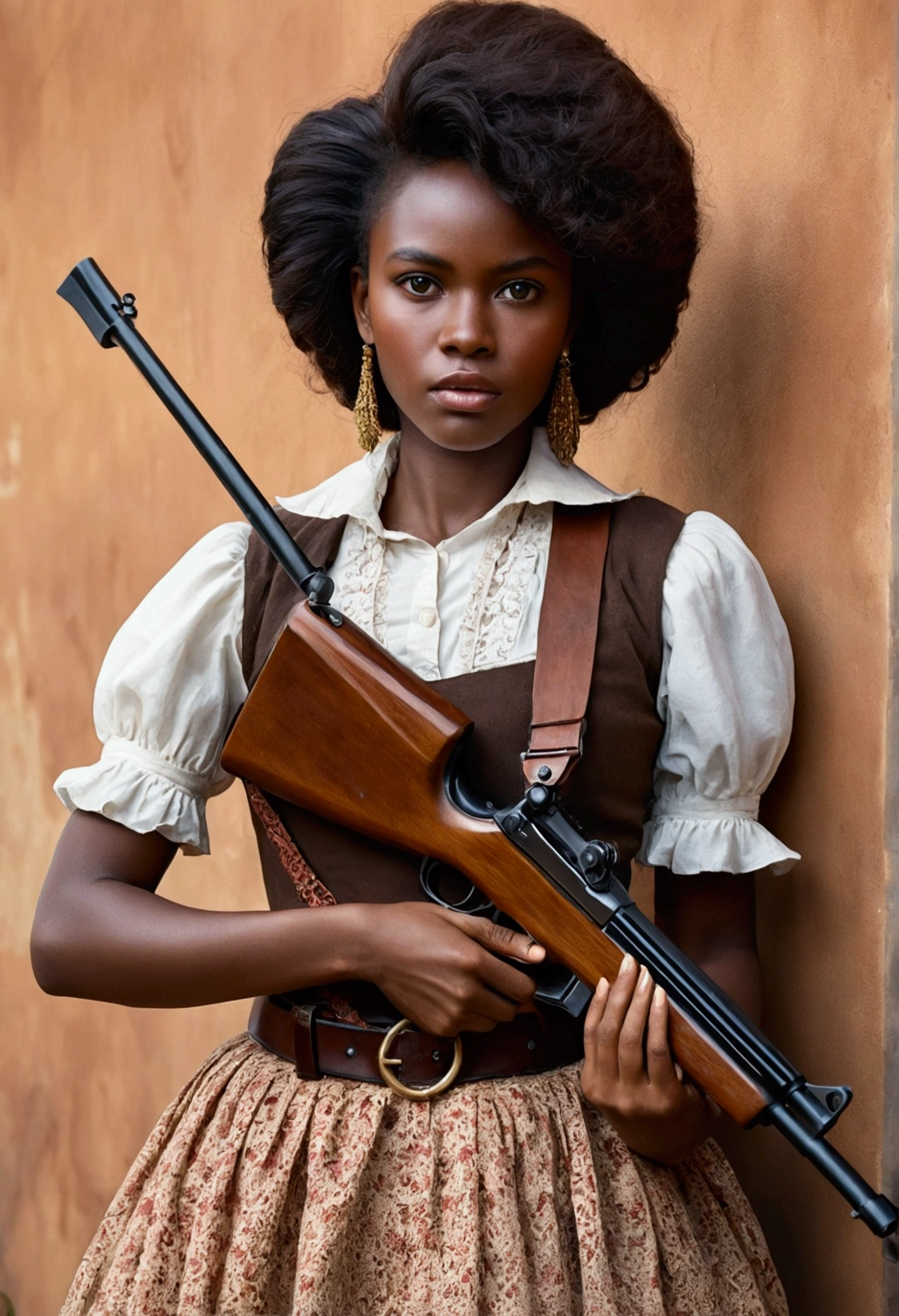 Dona africana, darkskin, western film character, Sexy girl with brown eyes, ultra realist, meticulously detailed, wearing period clothes. she is holding a rifle Portrait jasmin grant, brown and black hair selfie of a young woman, Olhos do quarto, no-makeup, Make-up natural, looking directly at the camera, guy with artgram, subtle makeup, Stunning full body photo, With a guitar shape