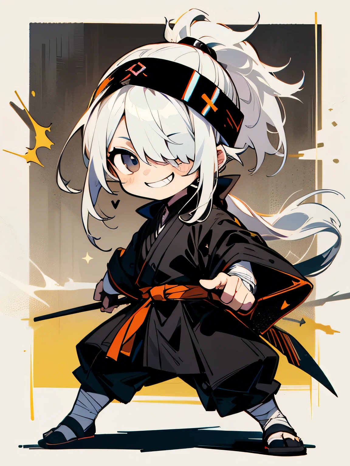 (chibi),solo,male's face,(white hair over closed one eye:1.2),grin,(low very long ponytail),black hachimaki,grin,Bandaged clothes, black cloak,fullbody,fighting stance,