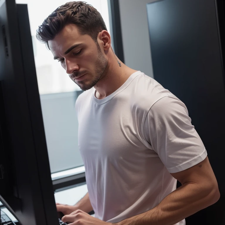 Man wearing a white t-shirt, ((no details)), dark day trader fund