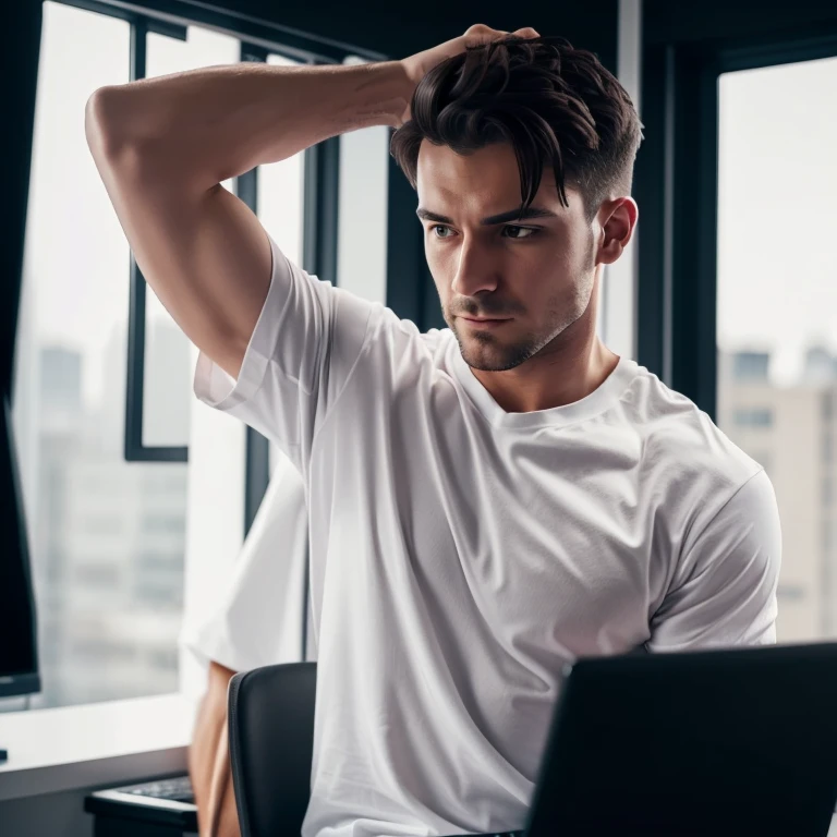 Man wearing a white t-shirt, ((no details)), dark day trader fund