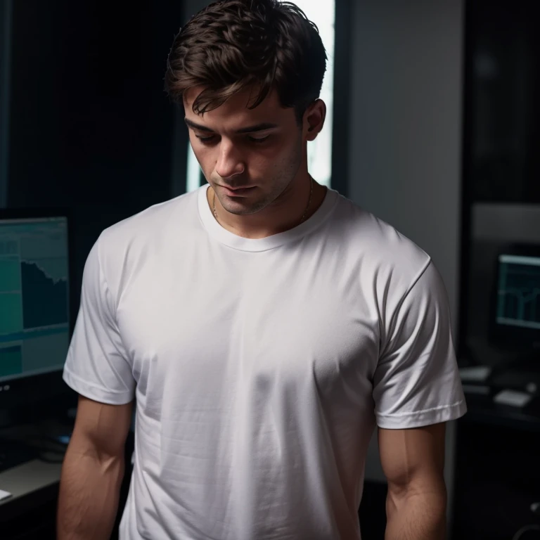 Man wearing a white t-shirt, ((no details)), dark day trader fund