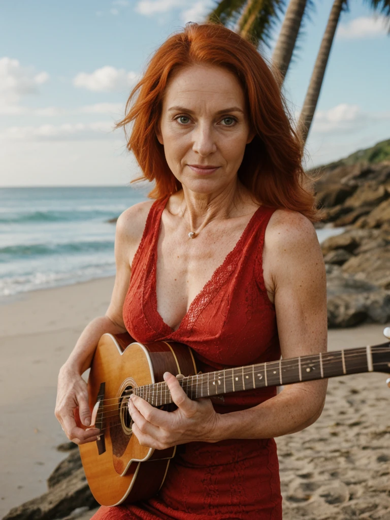 RAW PHOTO, her name is Sophia, high quality, 1 old woman, (((40-year-old hourglass body irish woman))), (((40 years old))), (guitar shaped body), (((wrinkled body))), (((old body))), milf, ((aged body)), (((red hair))), (pale skin), she is wearing a sexy crochet dress, sitting, BREAK, BACKGROUND: outdoor, beach, instagram photo, film grain