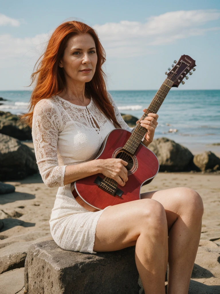 RAW PHOTO, her name is Sophia, high quality, 1 old woman, (((40-year-old hourglass body irish woman))), (((40 years old))), (guitar shaped body), (((wrinkled body))), (((old body))), milf, ((aged body)), (((red hair))), (pale skin), she is wearing a sexy crochet dress, sitting, BREAK, BACKGROUND: outdoor, beach, instagram photo, film grain