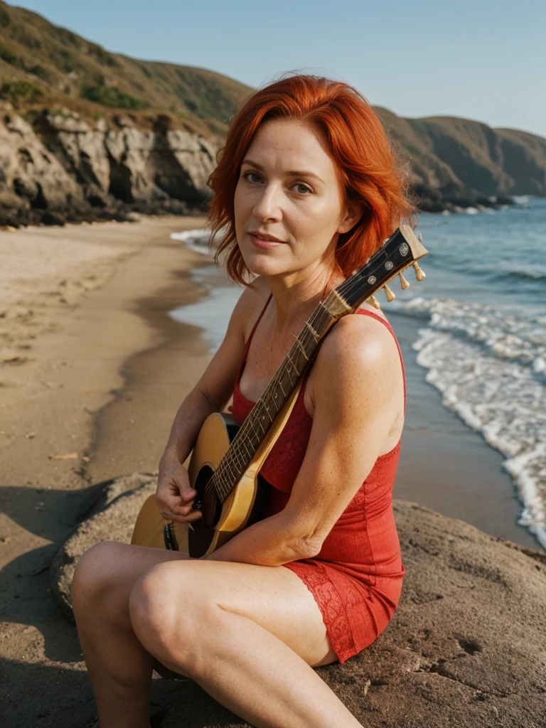 RAW PHOTO, her name is Sophia, high quality, 1 old woman, (((40-year-old hourglass body irish woman))), (((40 years old))), (guitar shaped body), (((wrinkled body))), (((old body))), milf, ((aged body)), (((red hair))), (pale skin), she is wearing a sexy crochet dress, sitting, BREAK, BACKGROUND: outdoor, beach, instagram photo, film grain