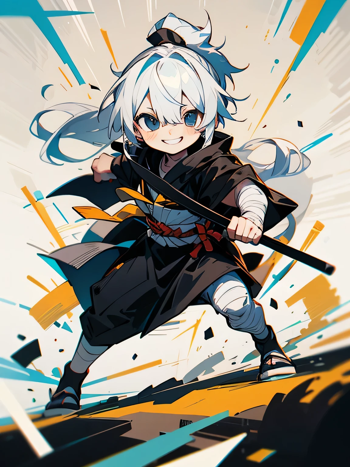 (chibi),solo,male's face,(white hair over closed one eye:1.2),grin,(low very long ponytail),black hachimaki,grin,Bandaged clothes, black cloak,fullbody,fighting stance,