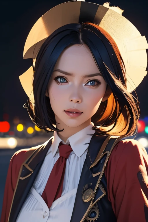 Highest quality High resolution Paris by night Cute woman in steampunk costume