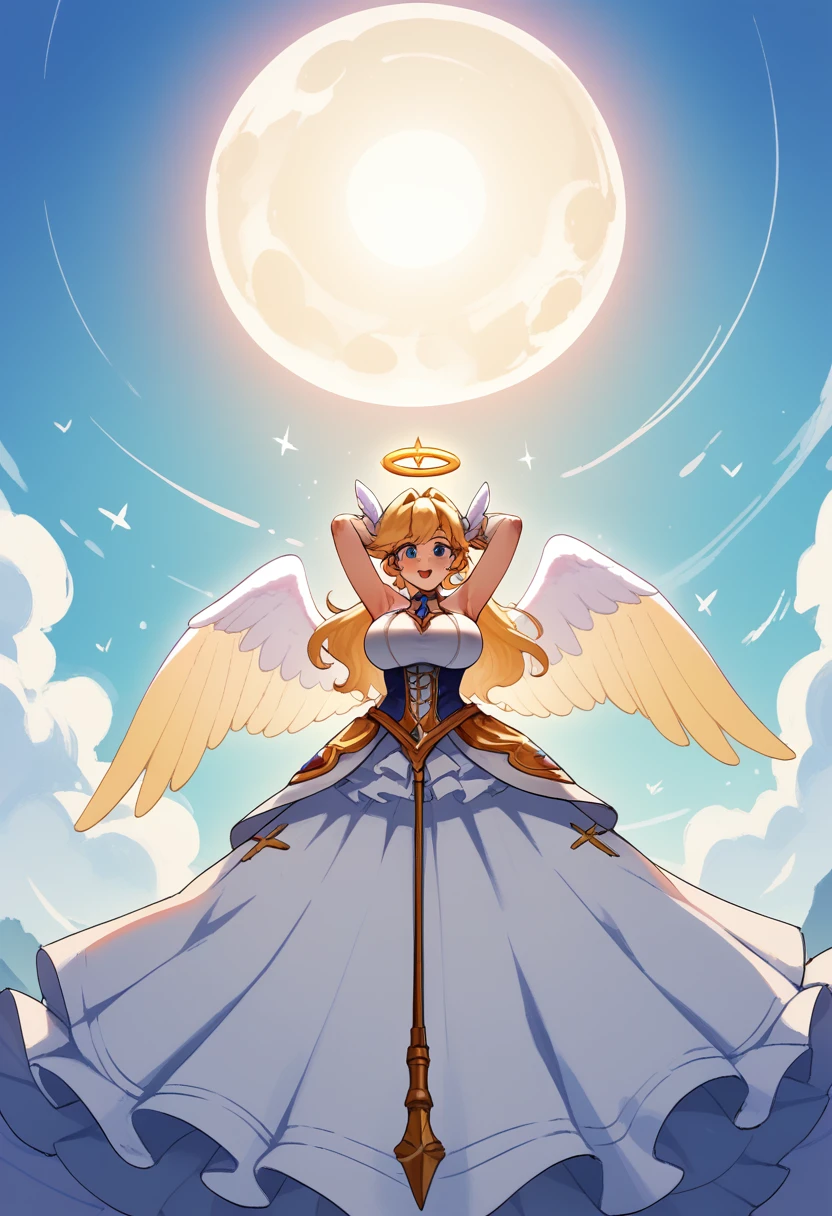 Garota de anime com asas de angel e um halo em sua cabeça, angelic wings on her back, angel largo, angel majestoso de corpo inteiro, super angel largo, highest rated on pixiv, by Shitao, angel, high resolution commission, possivelmente um angel, angel baixo, epic angle and pose, oc commission, fullbody commission for, pixiv,busty,((big scenery))