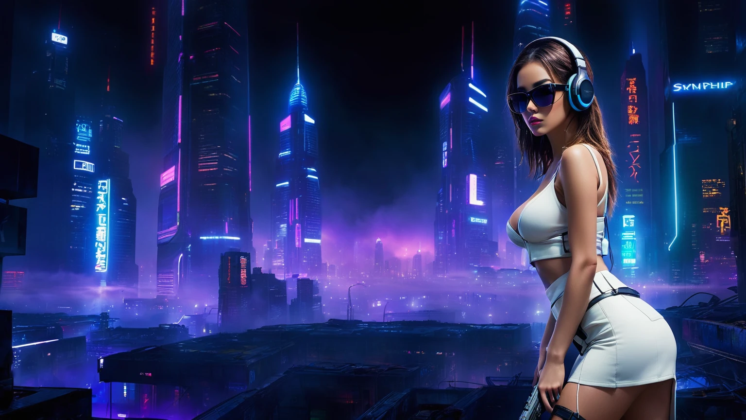 dark futuristic landscape, at night, neon lights, Atmospheric fog, large buildings in the background, futuristic city, streets with open shops, skyscraper (postapocalyptic city:1.3). (((1girl, solo, alone))), large-breast:1.2 slim body, cleavage:1.1, sexy miniskirt, (((headphone, black sunglasses, standing and holding pistol pose))), (((half-body thigh level medium shot))), cinematic lighting, lens flare, ray tracing.