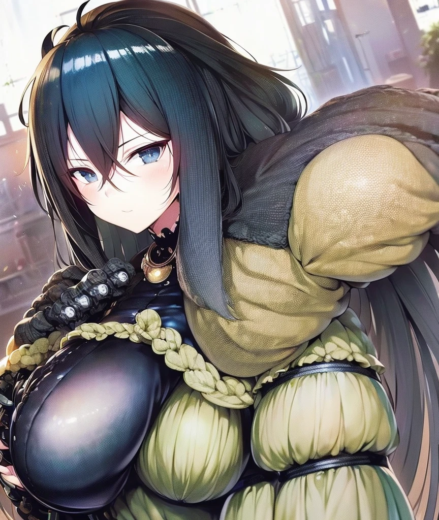 Anime, 1 girl, Fubuki, Fubuki's hairstyle, expressive Brown eyes, busty, military's clothes, large mechanical arms, mechanical hands, serious expression