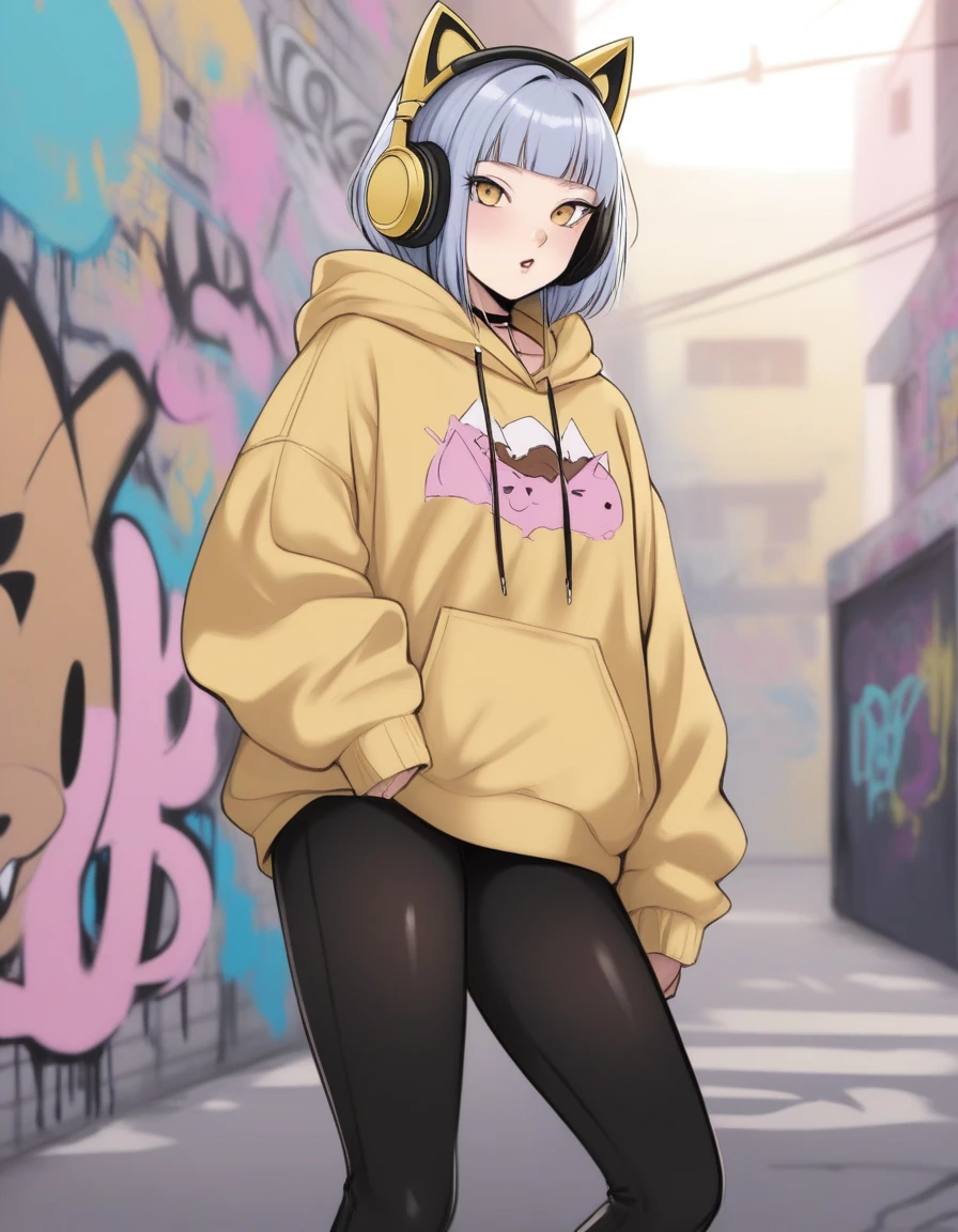 Cute cat girl sexy hinata sexy peitos grandes roupas rasgadas ed in a yellow gold hoodie all withe pastel Black accents, oversized headphones snugly fit around its neck, bebendo um café bem quente mid-action as it maneuvers through an urban setting, backdrop of graffiti-covered walls, contemporary streetwear fashion vibe, pastel tones, soft-focus background, bokeh lights, digital painting, ultra fine, ultra realistic
