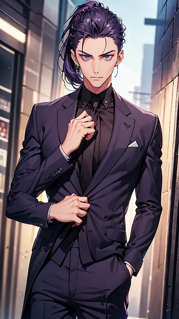 Male, blue eyes, purple slicked back ponytail, navy blue checkered suit, thin eyebrows, slim body, upper body