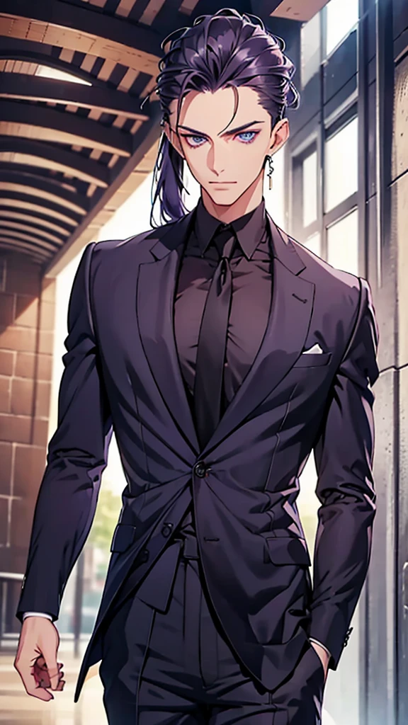 Male, blue eyes, purple slicked back ponytail, navy blue checkered suit, thin eyebrows, slim body, upper body