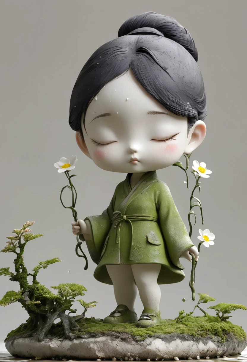 (Best quality：1.2），clay，Pottery，rough，Mineral pigments，3d，clay雕塑艺术，rough表面，（work，Abandoned Sculpture，Minimalist Sculpture，1 girl，Art Blush，cute，rough表面，Surface patterns and textures，Surface scratches，Granular，Old，Damaged，moss，rain，A small white flower，one，Concept Art，）。