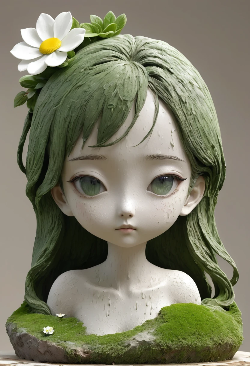 (Best quality：1.2），clay，Pottery，rough，Mineral pigments，3d，clay雕塑艺术，rough表面，（work，Abandoned Sculpture，Minimalist Sculpture，1 girl，Art Blush，cute，rough表面，Surface patterns and textures，Surface scratches，Granular，Old，Damaged，moss，rain，A small white flower，one，Concept Art，）。