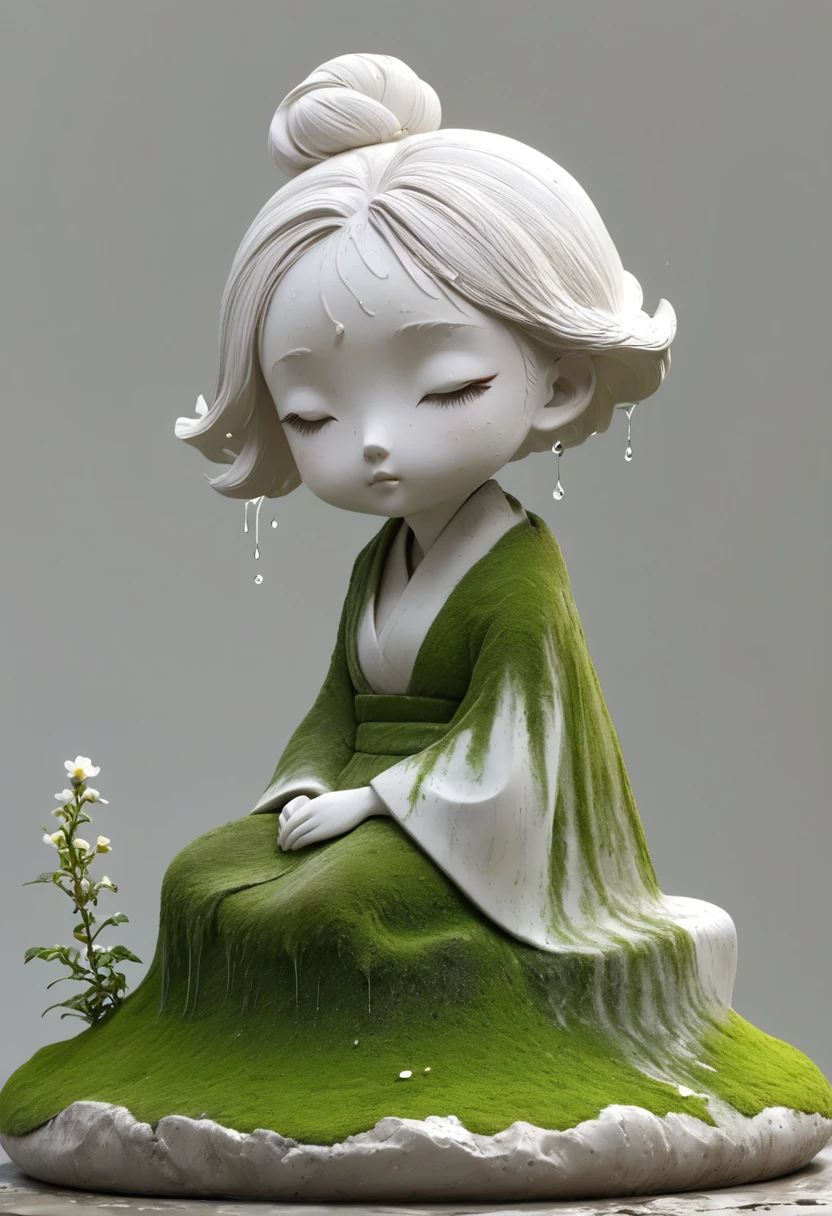(Best quality：1.2），clay，Pottery，rough，Mineral pigments，3d，clay雕塑艺术，rough表面，（work，Abandoned Sculpture，Minimalist Sculpture，1 girl，Art Blush，cute，rough表面，Surface patterns and textures，Surface scratches，Granular，Old，Damaged，moss，rain，A small white flower，one，Concept Art，）。