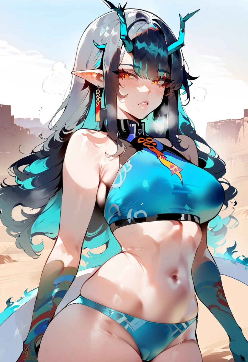 1 girl, dusk \(arknights), arknights,(Masterpiece, Best Quality), The newest one,  turquoise bikinis, The original lasts, , by nyantcha, black fur, horns, por omone shopping agm, white dragon tail, evening,desert, orange eyes, turquoise scales on arms, 