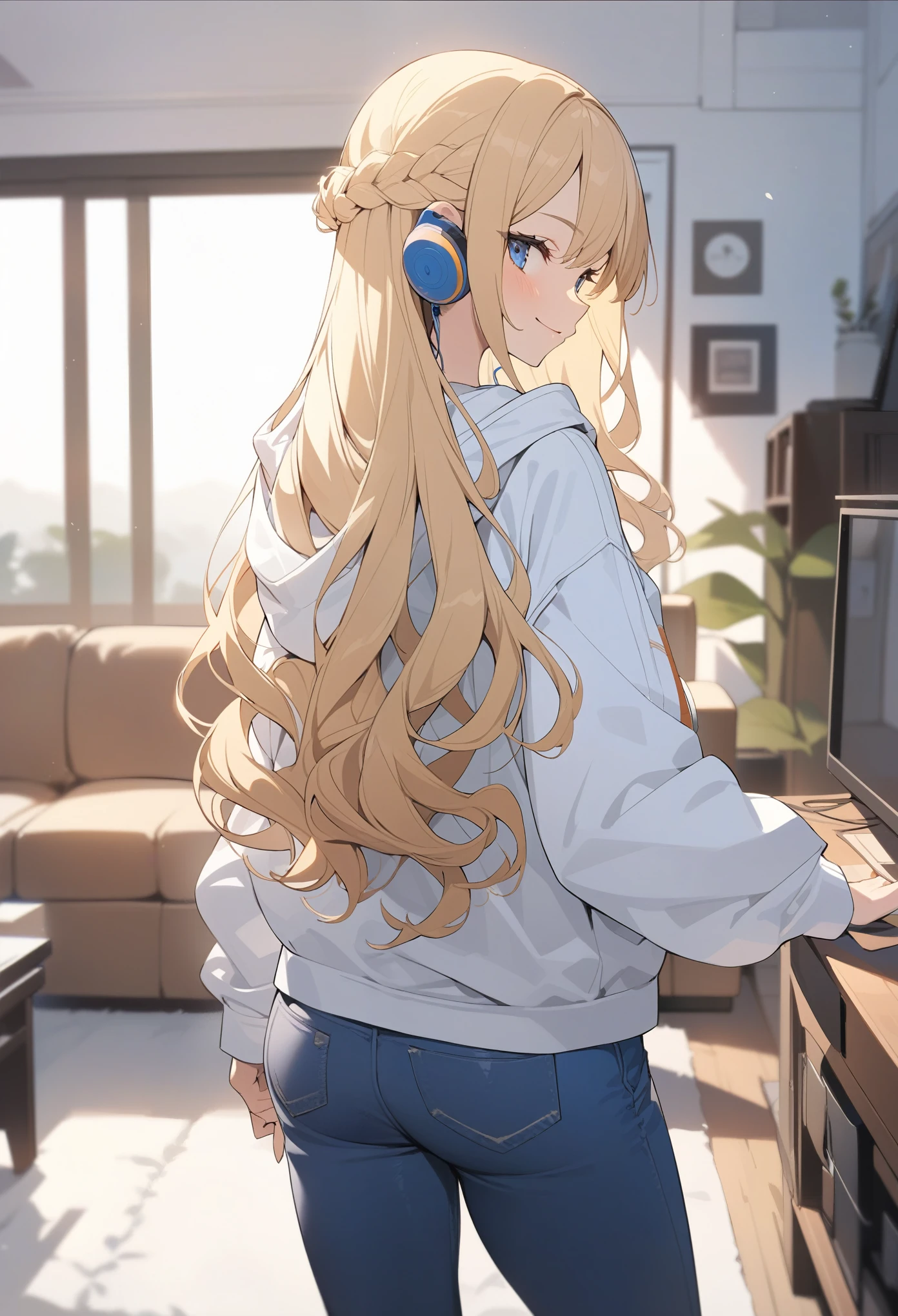 masterpiece, best quality, extremely detailed, ultra detailed, flat anime, 2D,
1girl, (young adult:1.2),blonde hair, (semi-long hair:1.2), curly hair, french braid, medium breasts, tsurime, height 1.7meters,
white hooded sweatshirt, jeans, earring,bracelet, long sleeves, ((Bluetooth small earphone)),socks,
from behind, upper body, looking back, right side, smile,
summer, livingroom, 12AM., standing